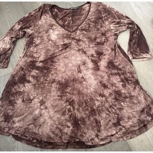 Monnuro Dress Womens 2X Brown Tie Dye V Neck 3/4 Sleeve Trapeze Swing‎ Knit Boho